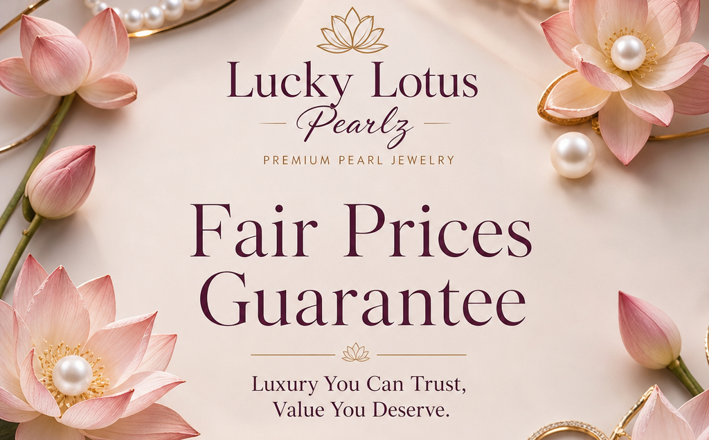 Promotional graphic for Lucky Lotus Pearlz premium pearl jewelry, featuring pink lotus flowers with pearl centers, pearl strands, gold-toned jewelry, and text including 'Fair Prices Guarantee' and a 'SHOP NOW' button on a soft cream background.