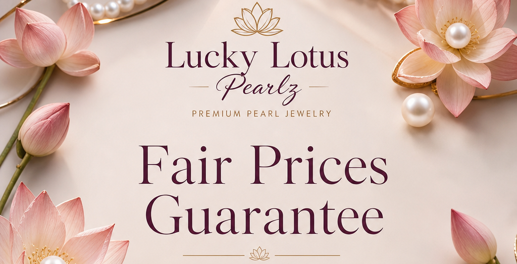 Promotional graphic for Lucky Lotus Pearlz Premium Pearl Jewelry featuring pink lotus flowers with pearls, gold jewelry settings, and elegant text reading 'Fair Prices Guarantee' on a soft cream background.