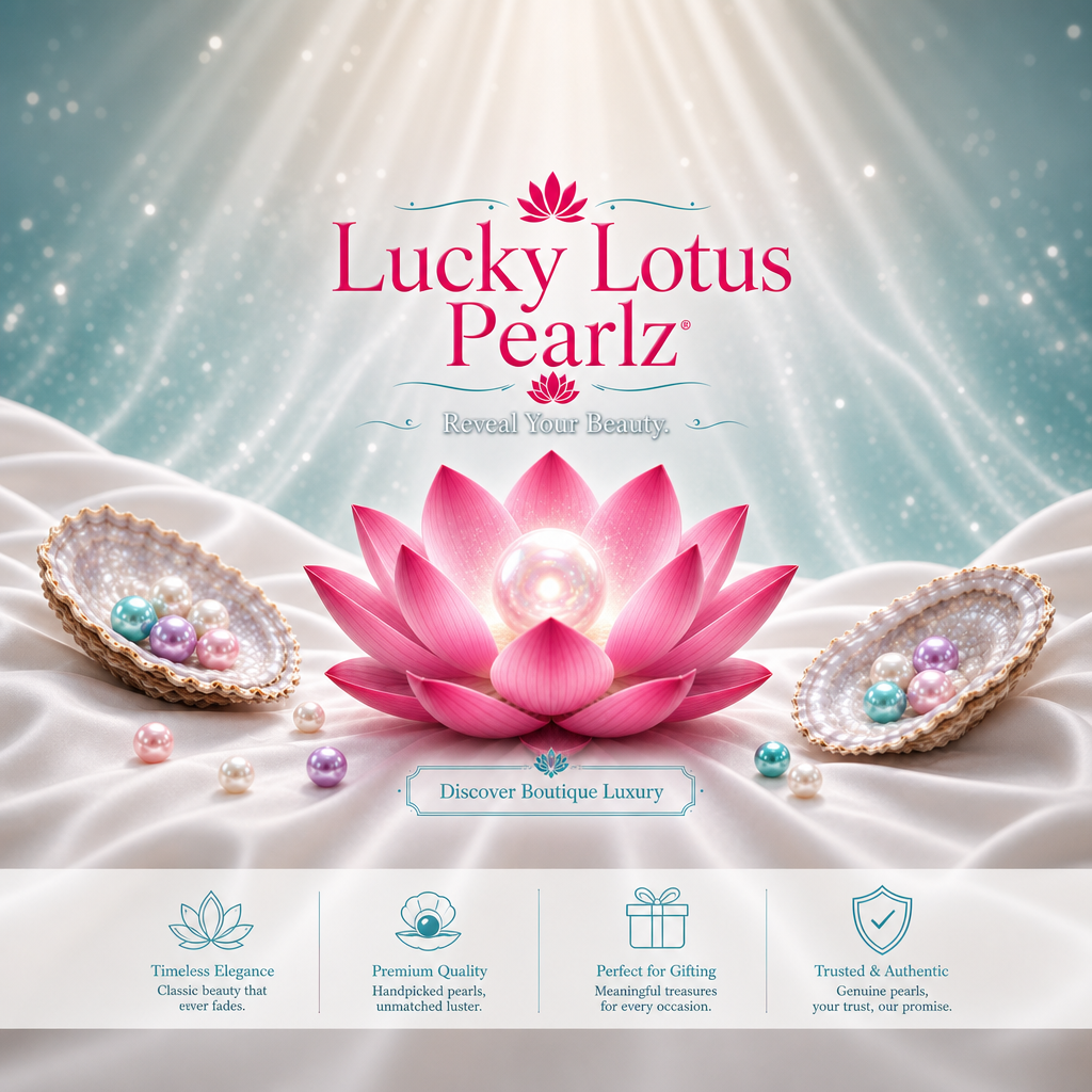 Promotional graphic for Lucky Lotus Pearlz featuring a glowing pink lotus flower at the center, flanked by two shell-shaped jewelry displays with colorful pearls. The background is a soft teal-blue gradient with light rays, and the brand name 'Lucky Lotus Pearlz' is prominently displayed at the top.