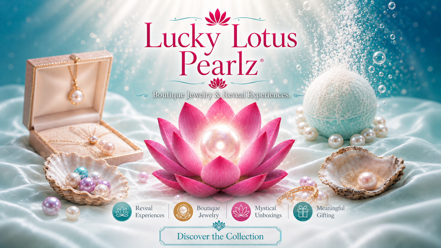 Promotional graphic for Lucky Lotus Pearlz featuring a pink lotus flower with a glowing pearl, surrounded by jewelry items including a pearl necklace, shell jewelry, a pearl bath bomb, and an open jewelry box on a blue water-themed background.