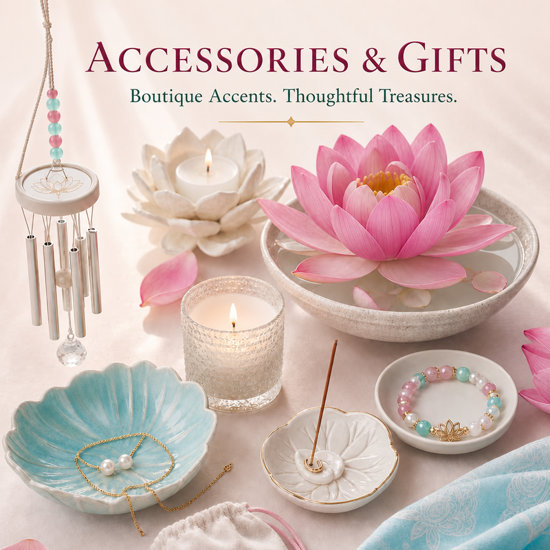Flat‑lay of lotus‑inspired lifestyle items on a soft pink surface, featuring a pink lotus flower, candles, chimes, offering dishes, pastel jewelry, and Lucky Lotus Pearlz accessories arranged in a serene boutique style.