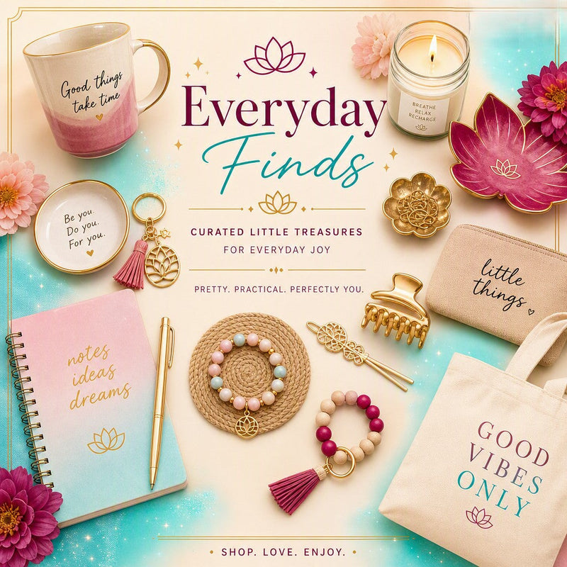 Everyday Finds collection flat lay featuring cozy eye mask, mini travel jewelry box, stainless steel coffee tumbler, desk lamp, and boutique accessories in soft pastel tones.