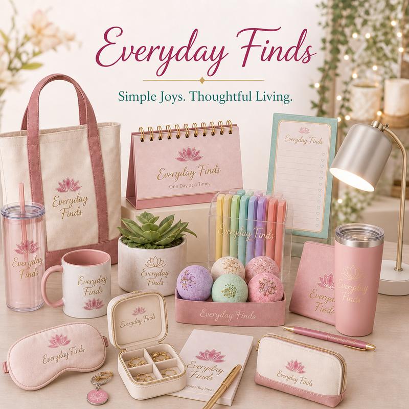 Everyday Finds collection flat lay featuring cozy eye mask, mini travel jewelry box, stainless steel coffee tumbler, desk lamp, and boutique accessories in soft pastel tones.