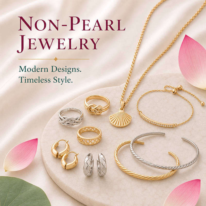 Flat‑lay of boutique jewelry on a pink surface with a lotus flower in the background, featuring silver filigree earrings, gold flower studs, delicate necklaces, a gold ring with pink gemstones, and a pastel beaded bracelet.