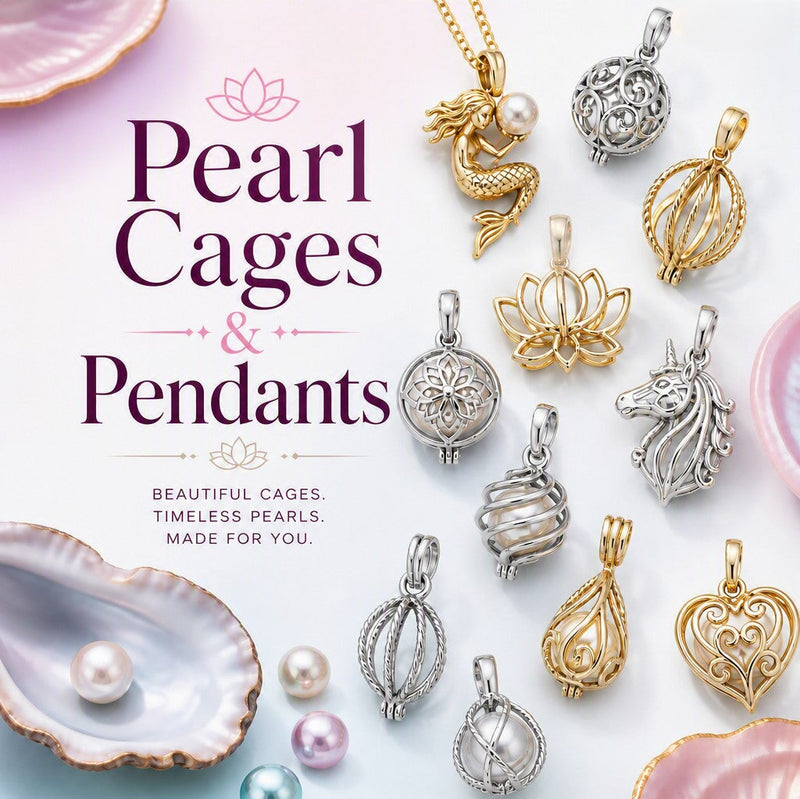 Lucky Lotus Pearlz Pearl Jewelry Essentials collection featuring sterling silver and gold necklaces, bracelets, rings, and anklets with lotus, clam shell, sea turtle, and mermaid pearl cages beside a pink lotus flower.