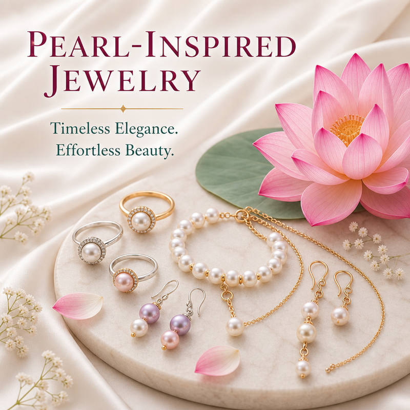 Flat‑lay of imitation pearl jewelry including necklaces, earrings, and rings arranged on soft fabric with a lotus accent and gentle lighting.