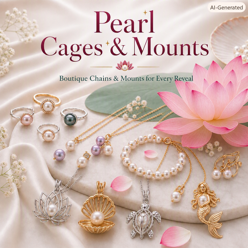 Lucky Lotus Pearlz Pearl Jewelry Essentials collection featuring sterling silver and gold necklaces, bracelets, rings, and anklets with lotus, clam shell, sea turtle, and mermaid pearl cages beside a pink lotus flower.