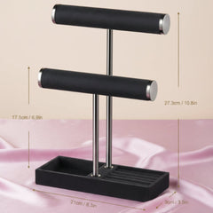 Black 2‑tier velvet jewelry display stand shown on a satin surface with labeled dimensions for height, width, and base depth.
