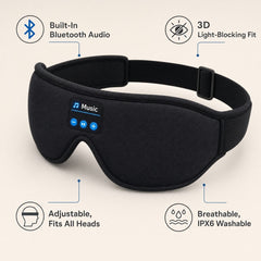 Black Bluetooth sleep mask with a built-in display screen showing music controls, surrounded by feature callout icons and text on a light beige background.