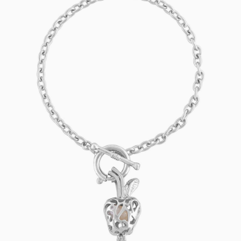 A silver chain bracelet with a toggle clasp and a dangling heart-shaped charm featuring a small apple detail, shown on a plain white background.