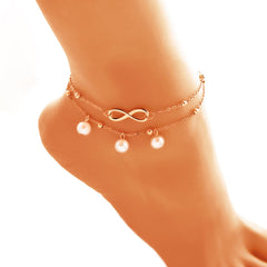 Double‑Layer Pearl Anklet – Handmade Geometric Design in Gold or Silver