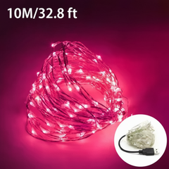 Red USB LED string lights illuminated in a soft red tone.