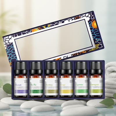 Pure essential oils set with six bottles in a box