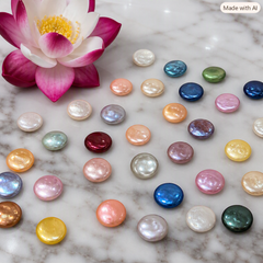 A collection of small, round, faux pearl-like beads in a variety of colors, including pink, blue, green, gold, purple, and red, arranged on a white marble surface next to a pink and white lotus flower.