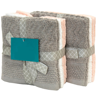 Two folded gray textured towels wrapped with a gray patterned ribbon and a blank teal tag, shown on a white background.