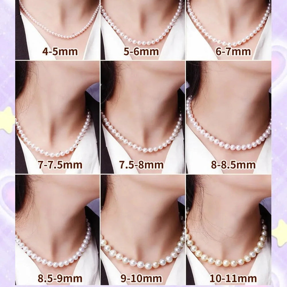 Collage of pearl necklaces with different size labels on a white background