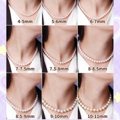 Collage of pearl necklaces with different size labels on a white background