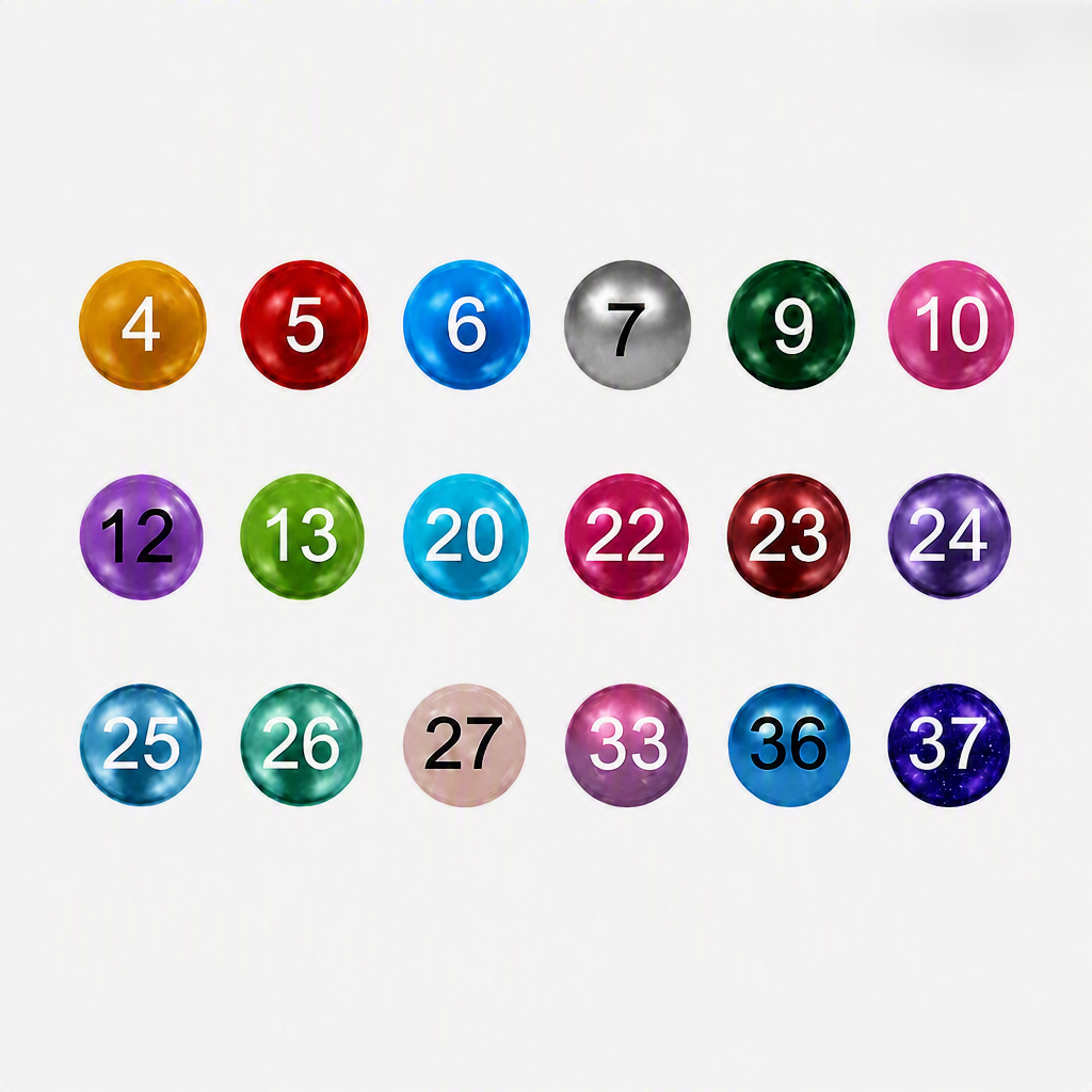 A grid of 18 glossy numbered colored spheres on a light gray background, with numbers on each ball. The balls show many different colors including orange, red, blue, silver, green, pink, purple, and beige.