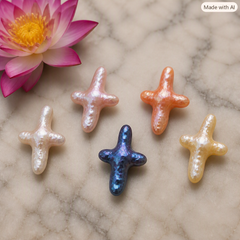 Five iridescent star-shaped pearl beads in assorted colors (white, pink, orange, blue, yellow) arranged on a light beige marble surface next to a pink lotus flower.