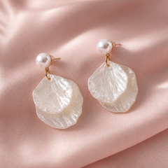 White mother‑of‑pearl double shell dangle earrings with gold‑tone metal accents, lightweight and elegant.