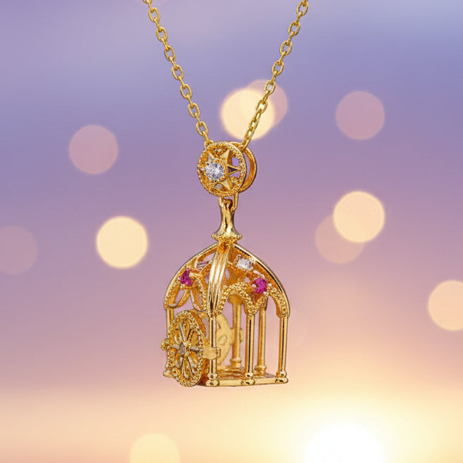 Gold necklace with a detailed pearl cage pendant and necklace on a lavender sparkle background