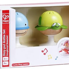Hape toy packaging with three colorful educational toys and a baby on the box.