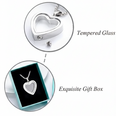 Heart-shaped necklace with stainless steel, high polishing, tempered glass, and an exquisite gift box on a white background.