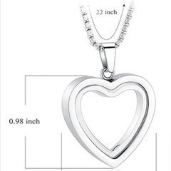 Silver heart-shaped pendant with dimensions on a white background
