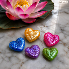 Five small heart-shaped chocolates in metallic blue, gold, pink, purple, and green, arranged on a white marble surface with a pink lotus flower in the background.
