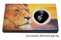 Gift box with lion design and 'Love Pearl' text, featuring a pendant inside.