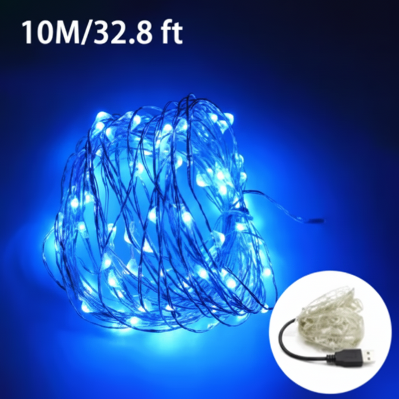 Blue USB LED fairy lights coiled and glowing in bright blue.