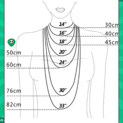 Measurement chart for necklace lengths on a torso outline with labeled measurements.