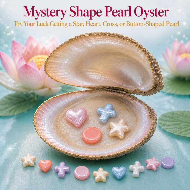 An open shell on a soft aqua surface holds three pastel pearl-like charms shaped like a heart, cross, and star, with matching charms arranged around it. Pink lotus flowers and green leaves appear in the background, and the text at the top reads 'Mystery Shape Pearl Oyster' with a subtitle about guessing the pearl shape.