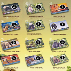 A promotional graphic for Love Pearl Animals themed boxes, showing 12 different animal-themed product boxes arranged in a grid with names like Sea Otter, Monkey, Lion, Penguin, Elephant, Frog, Gorilla, Giraffe, Tiger, and Bear. The background is a stylized jungle scene with a large lion at the bottom and text explaining that there are 12 animal theme boxes.