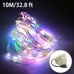 Multicolored USB LED fairy lights displaying vibrant rainbow hues across flexible copper wire.