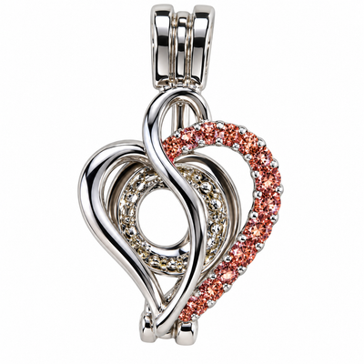 A silver heart-shaped pendant featuring intertwined silver and rose gold hearts, with one heart encrusted with small clear stones and another with small rose gold stones, shown on a white background.