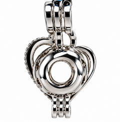 A polished silver-tone metal pendant with a heart-shaped design and interlocking circular elements, shown on a plain white background.