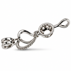 A polished silver-toned metal horse bit with a round bit end, a curved shank, and a textured curb chain, shown on a plain white background.