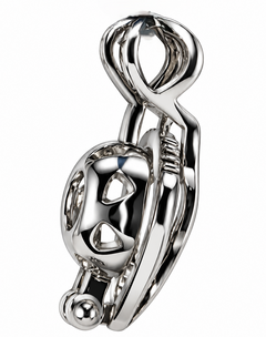 A polished silver metallic product with an abstract, sculptural design featuring a looped top and a rounded, openwork lower section, shown on a plain white background.