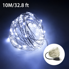 White USB LED fairy lights glowing in a bright, clean white tone on flexible copper wire.