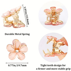 Flower-shaped hair clip with gold and pink design, showing tight teeth and durable metal spring.