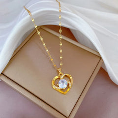 Classic Heart Snake Chain Necklace – Stainless Steel with Zircon Accent