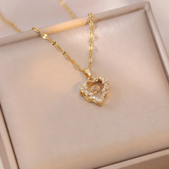 Classic Heart Snake Chain Necklace – Stainless Steel with Zircon Accent
