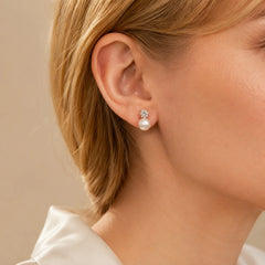 Swarovski Crystal & Pearl Platinum-Plated Stud Earrings – Classic Geometric Elegance