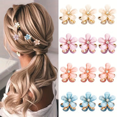 Floral hair accessories with a woman's hair styled with them on the left, and close-up images of the accessories on the right.