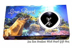 Gift box with sea lion illustration and 'Love Pearl' text on a blue background