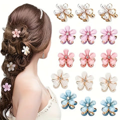 Woman with floral hair accessories and a set of flower-shaped hair clips on a beige background