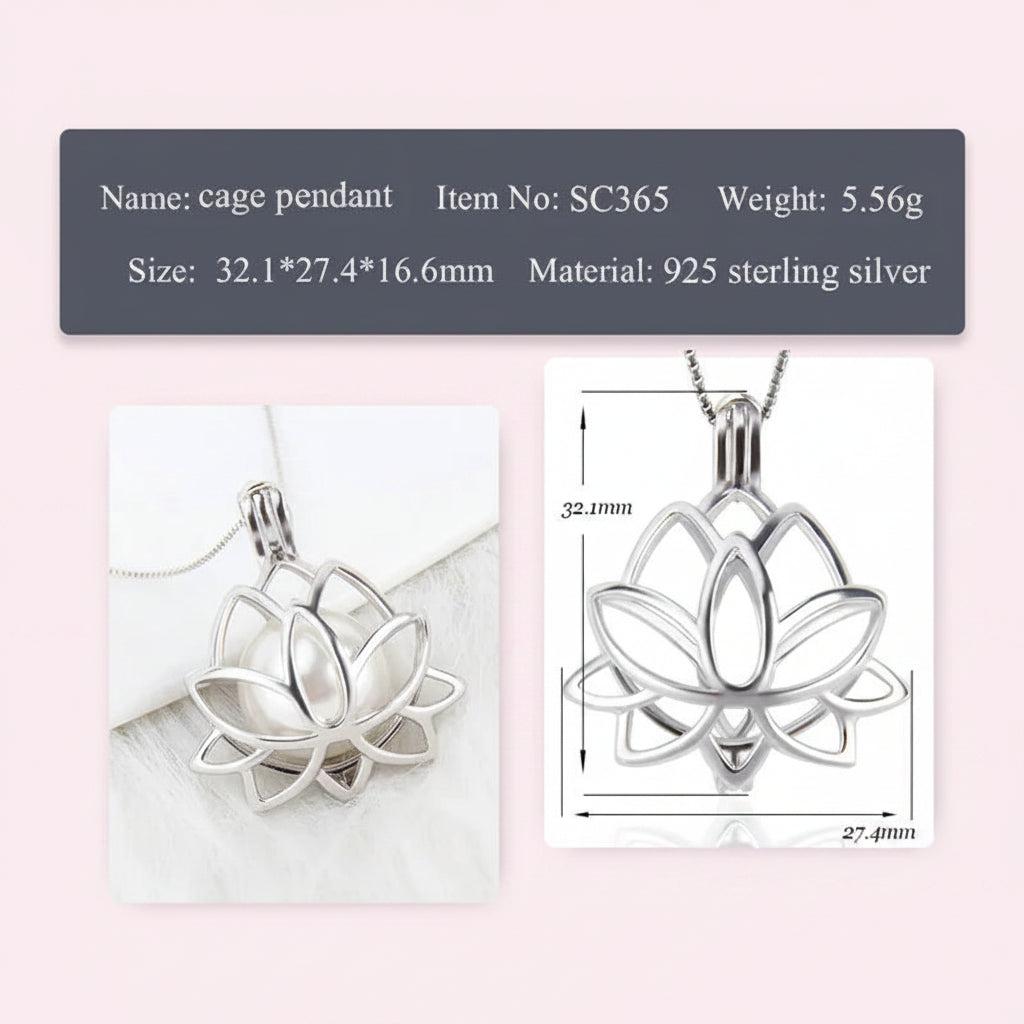 Silver lotus flower cage pendant necklace shown with dimension annotations and product specs on a soft pink background.