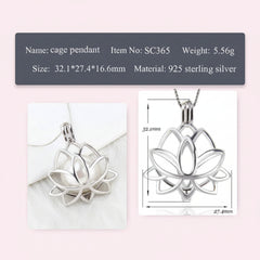 Silver lotus flower cage pendant necklace shown with dimension annotations and product specs on a soft pink background.