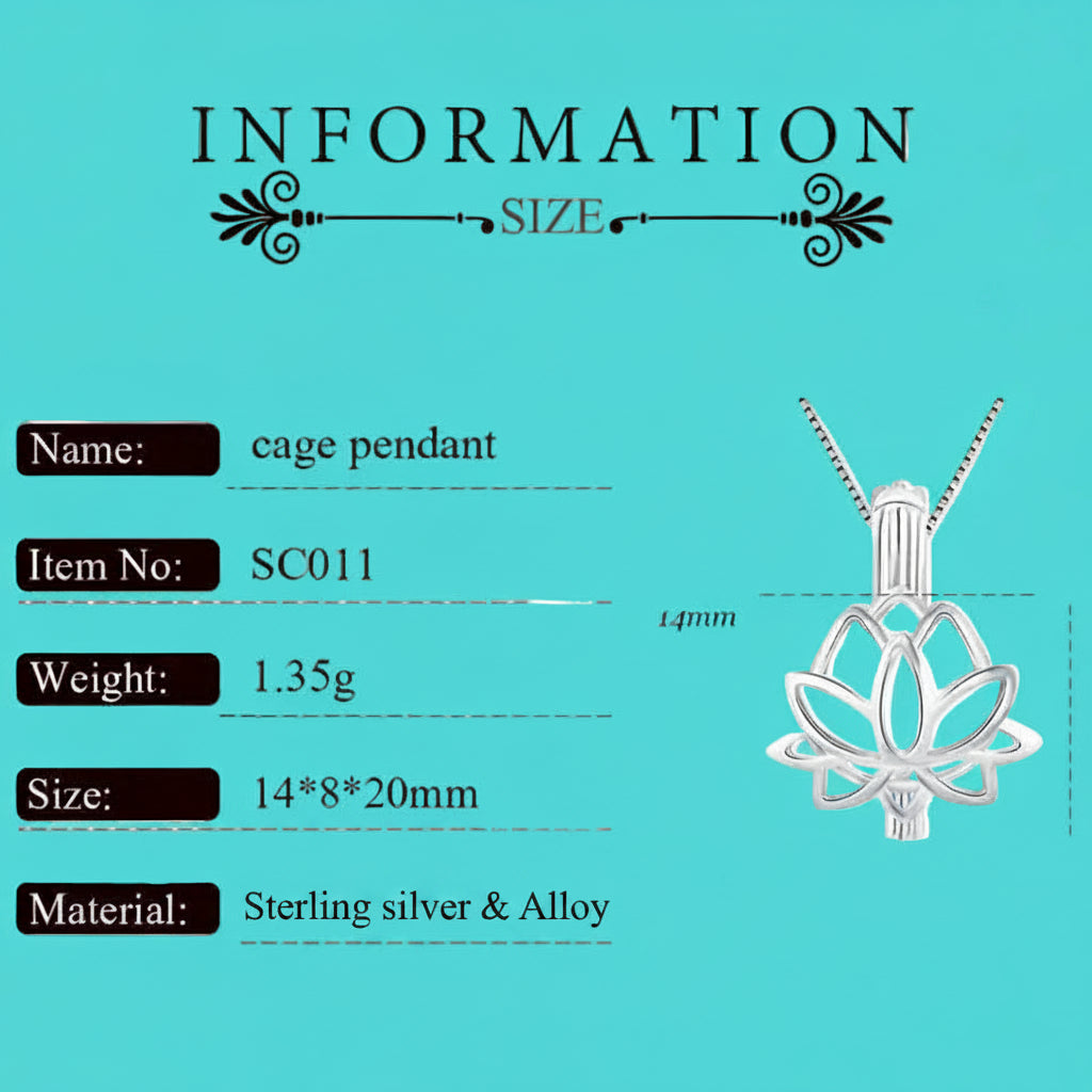 Silver lotus pendant necklace size information card showing dimensions 14mm height and 8mm width, with text listing name, item number, weight, size, and material on a white background.